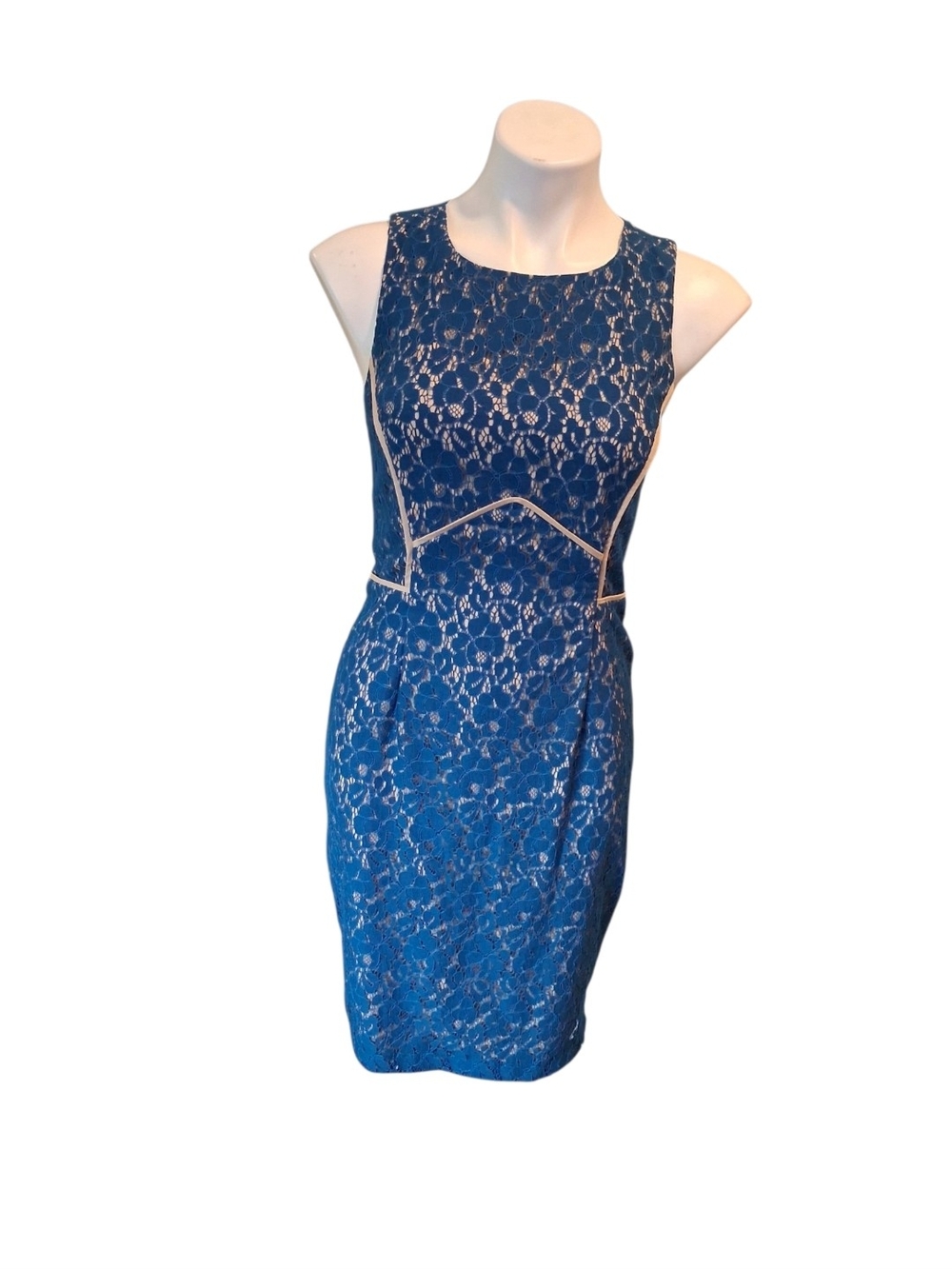 Ava & Aiden Royal Blue Lace Sheath Dress with Cream Trim